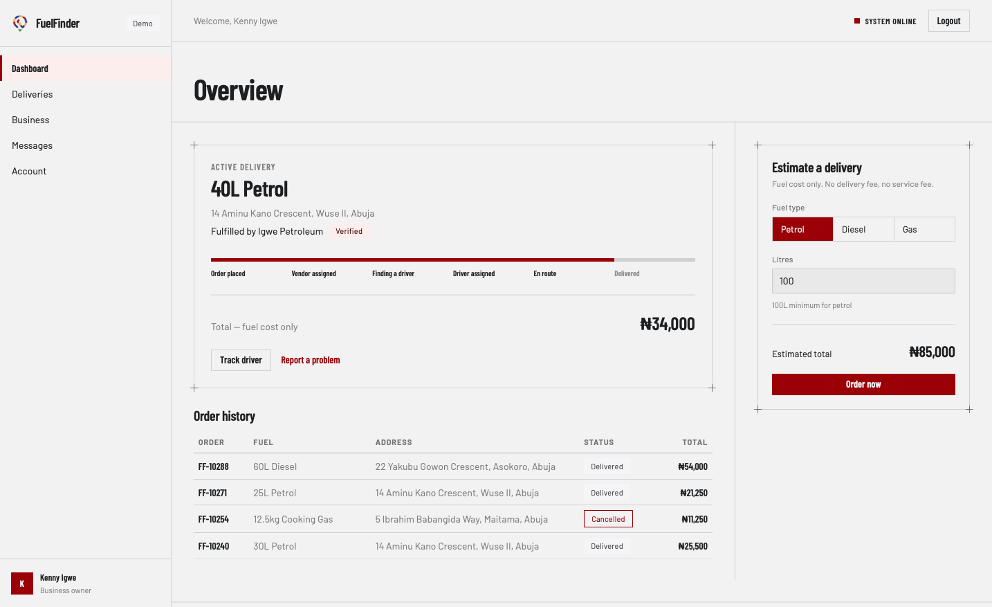 The business dashboard: this month's spend and order count, an active delivery, order history for the whole company, the team panel and scheduled orders