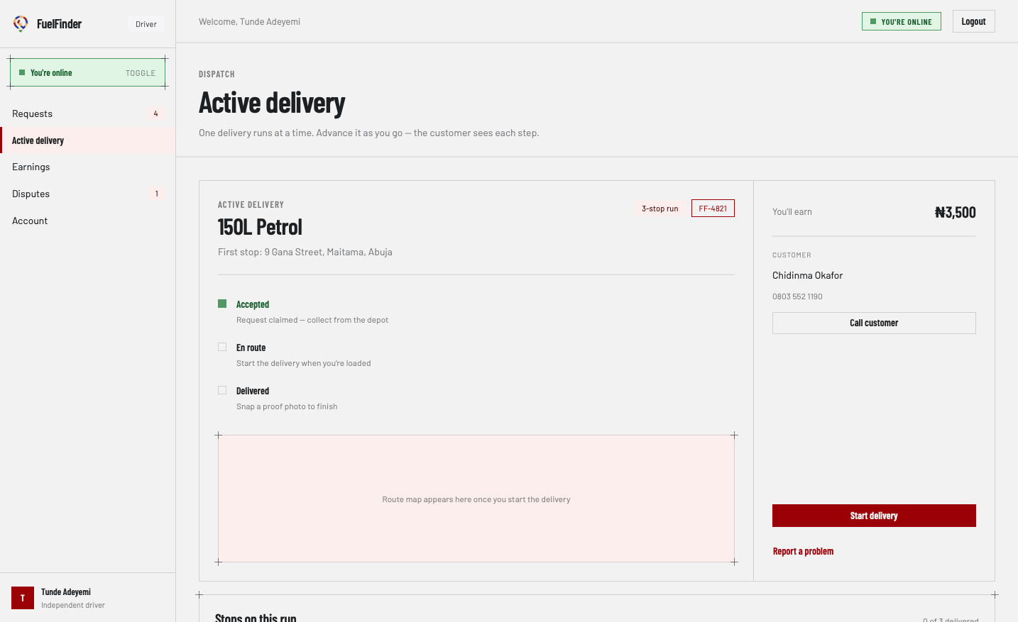 A driver's active delivery: the six-step status rail from assigned to delivered, the stops on a multi-drop run, and the proof-of-delivery photo step