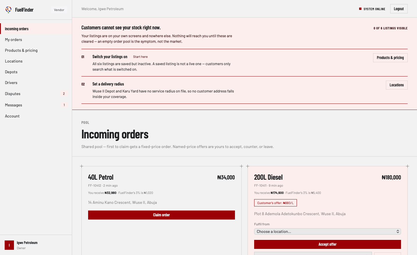 The vendor incoming order pool: unclaimed orders with fuel, quantity, address and total, and what the vendor receives after commission